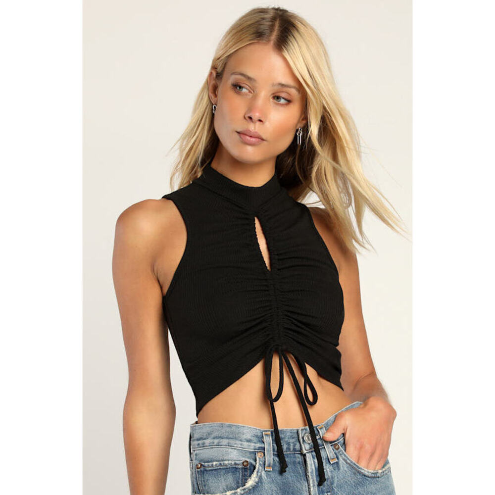 Lulus Black Ribbed Ruched Sleeveless Mock Neck Top